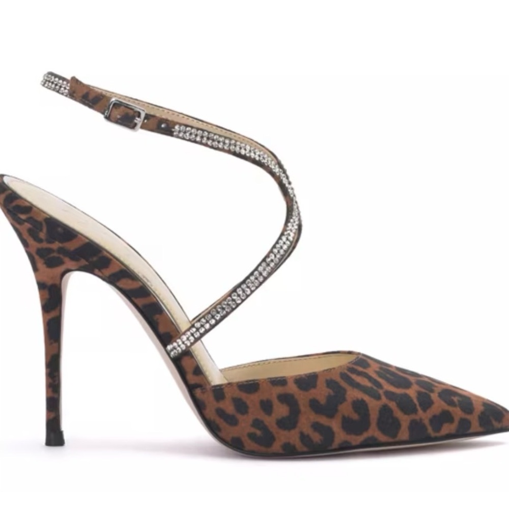 Jessica Simpson Weyemia Pump Leopard Print Stiletto Heels with Rhinestone Strap